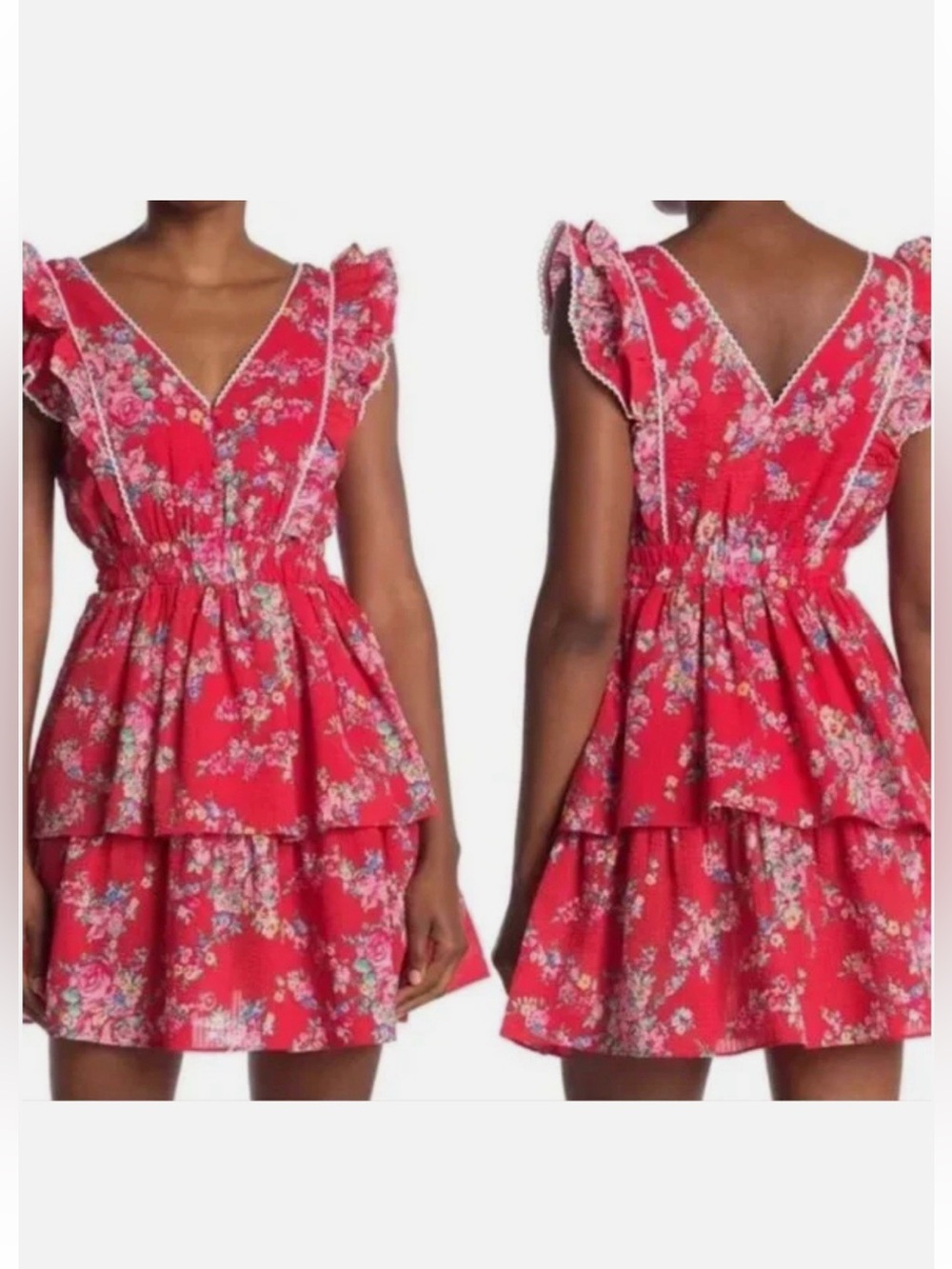 Betsey Johnson Bush Garden Red Floral Tiered Ruffle Seersucker Dress